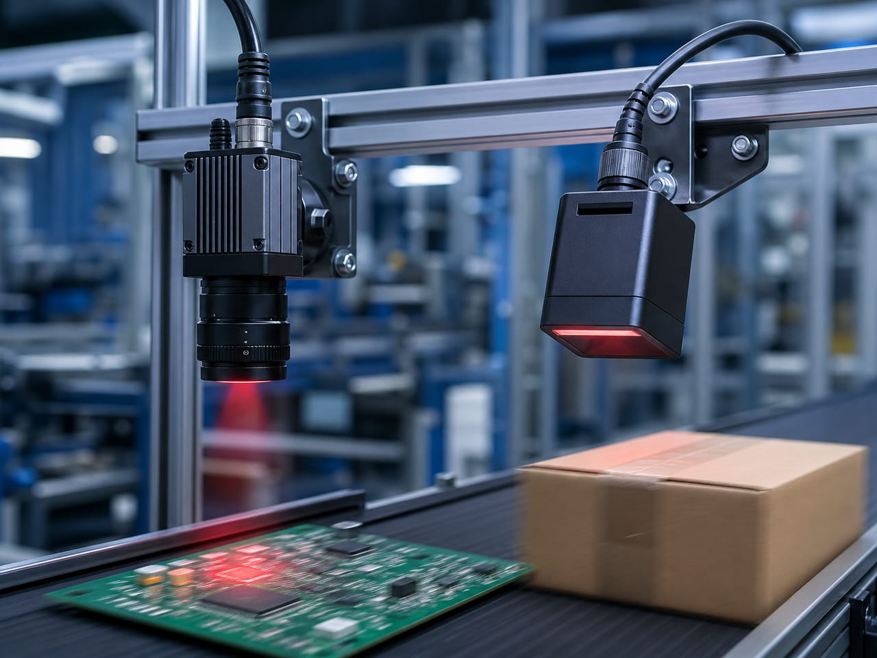 Fixed machine vision camera and industrial scanner inspecting products on a factory conveyor